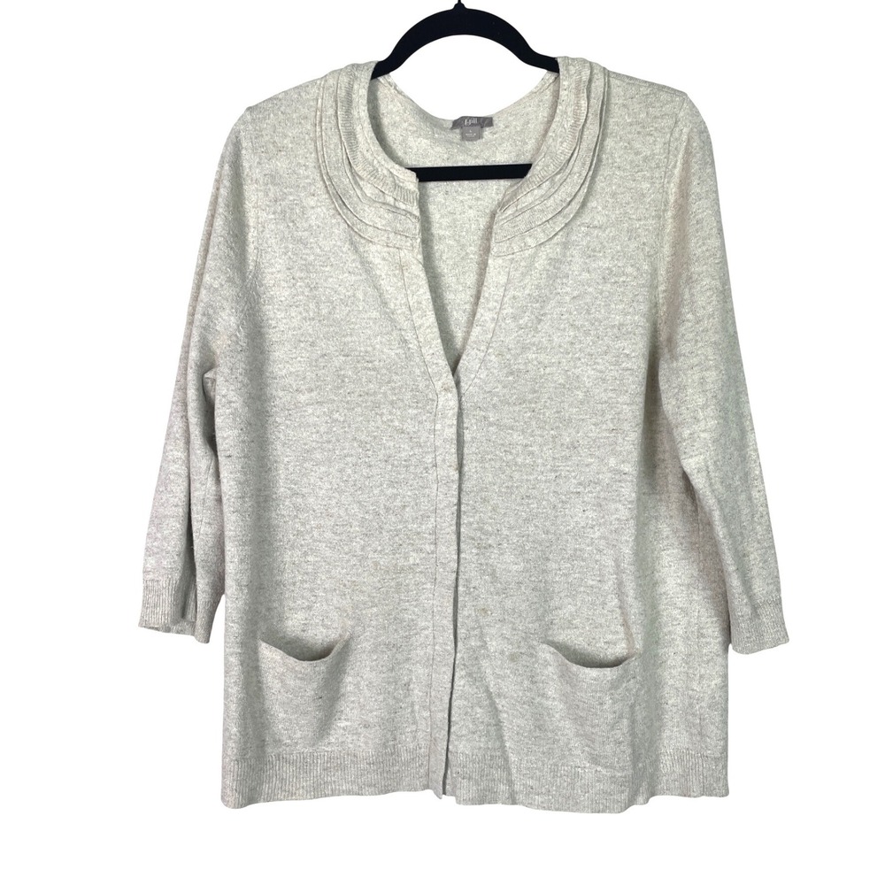 J. Jill Layered Ruffle‎ Neck Snap Front Cardigan Wool Silk Blend Sweater Oatmeal